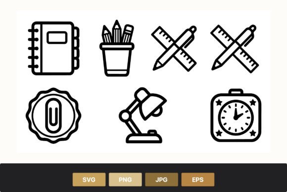 Black and White School Supplies Icon Set: Graphics & Illustrations