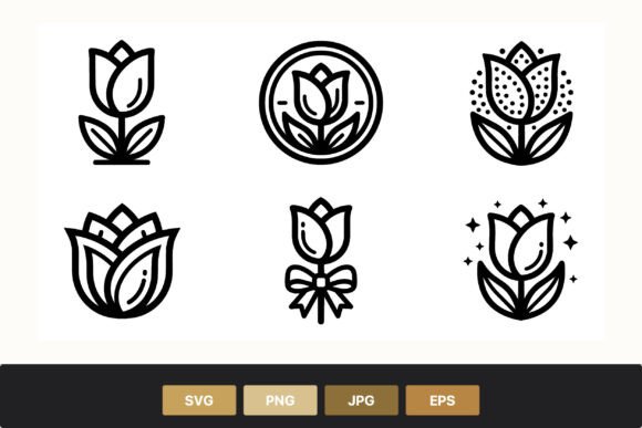 Black White Tulip Flower Icon Set: Graphics & Illustrations