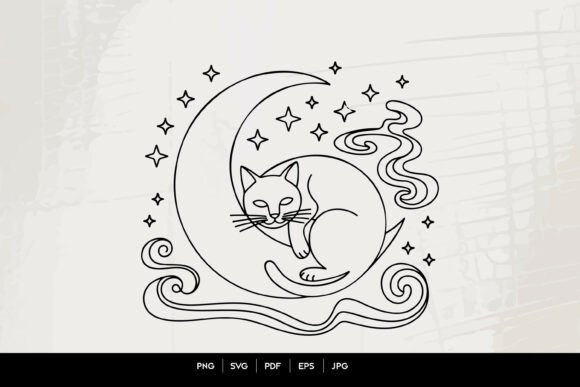 Celestial Sleeping Cat Moon Line Art Graphics & Illustrations