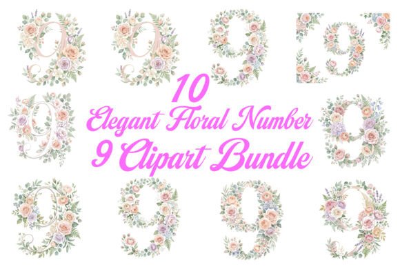 Elegant Floral Number 9 Clipart Bundle: Graphics & Illustrations