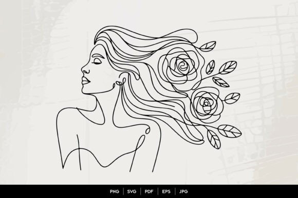 Rose Hair Woman Line Art