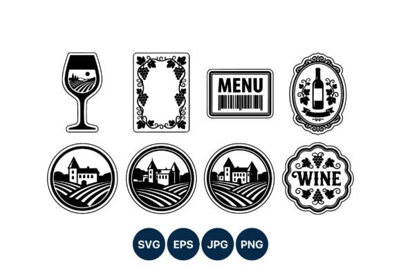 Vintage Wine Icons Black and White Graphics & Illustrations