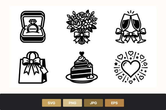 Wedding Ring Bouquet Cake Line Art Icons: Graphics & Illustrations